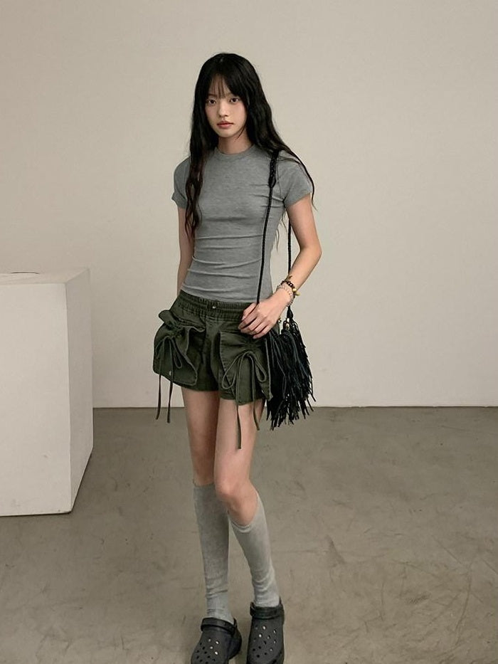 DDGIRL studio High Waist Faded 96 Percent Cotton Wide Leg Loose Fit Army Green Denim Shorts