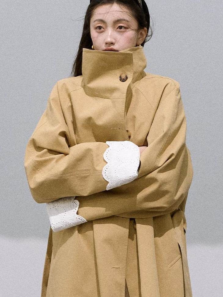7 OAKMOO Cotton Lyocell Blend Oversized Stand Collar Amber Khaki Long Coats