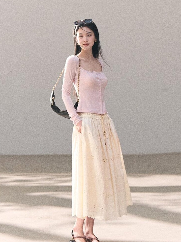 7 OAKMOO Cotton Lined Embroidered A Line Ruffle Elastic Mid Waist Women Maxi Skirts