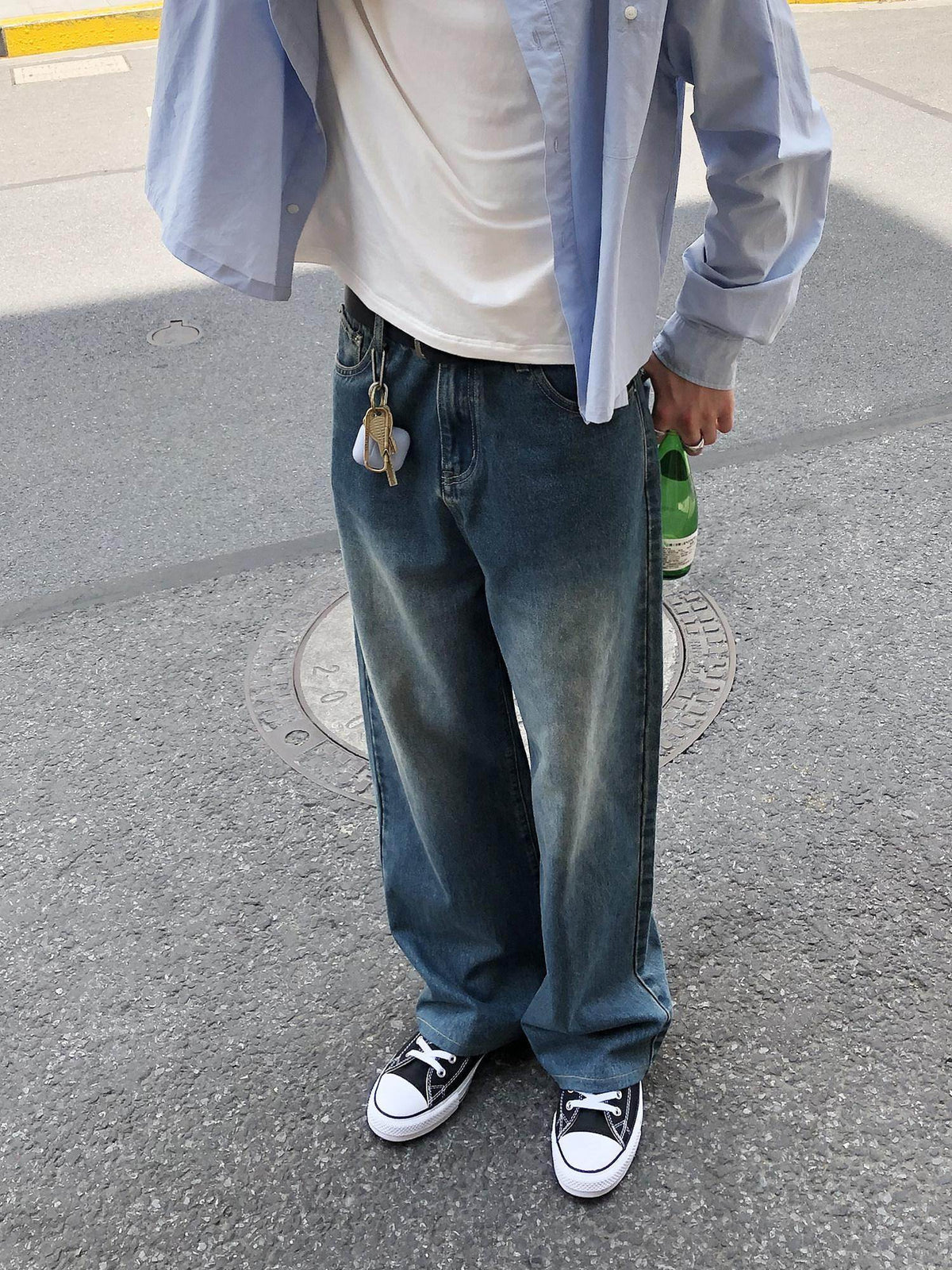 Country Moment Breathable Cotton Retro Washed Mid Rise Relaxed Mens Deep Blue Wide Leg Jeans