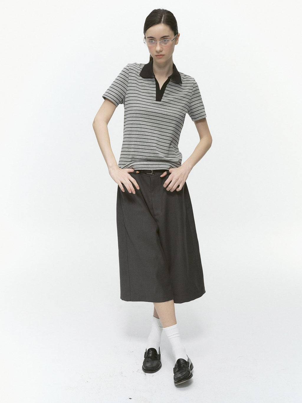 Country Moment Cotton Blend Patchwork Slim Polo Collar Striped Grey Short Sleeve T-Shirts