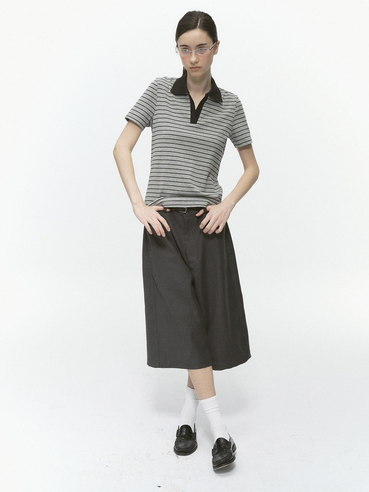 Country Moment Cotton Blend Patchwork Slim Polo Collar Striped Grey Short Sleeve T-Shirts