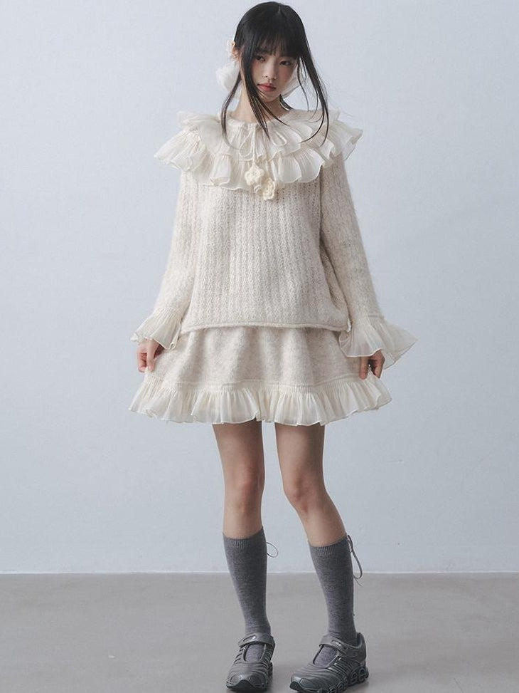 DDGIRL studio Warm Knitted Ruffle Pullover Loose Gentle Floral High Waist Top & Skirt Sets