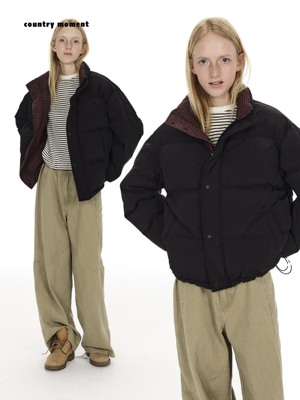 Country Moment High Fill White Duck Reversible Plaid Loose Fit Unisex Cotton Zip Down Jackets