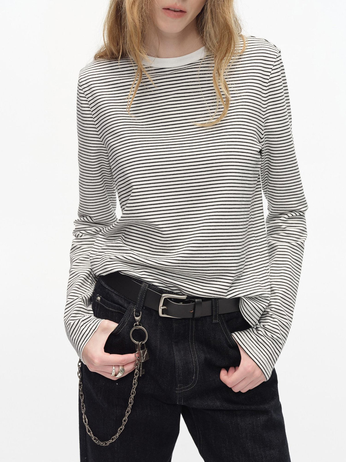 Country Moment Breathable Cotton Slim Fit Contrast Striped Crew Neck Women Long Sleeve T-Shirts