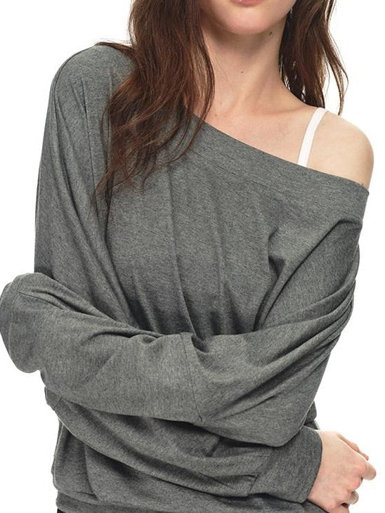 Country Moment Breathable Viscose Loose Batwing Long Sleeve Solid Off Shoulder Crop Tops