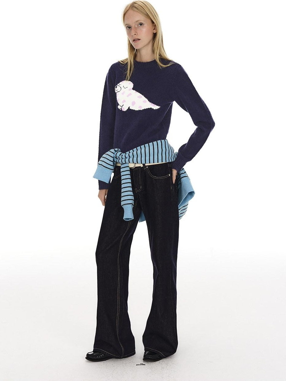 Country Moment Soft Slim Embroidered Seal Youthful Unisex Everyday Acrylic Round Neck Sweaters