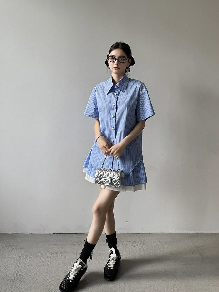 DDGIRL studio Breathable Relaxed Polo Short Sleeve Women Striped Blue Top & Skirt Sets
