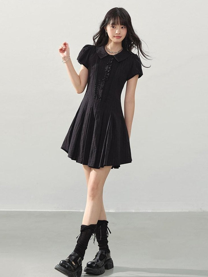 DDGIRL studio Sweet Cotton A Line Puff Sleeve Doll Collar Fitted Waist Midi Dresses