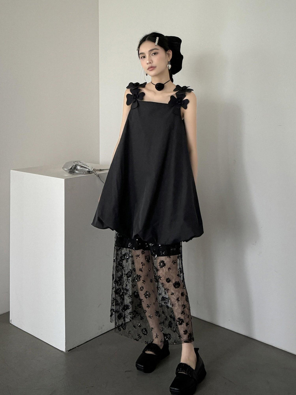 DDGIRL studio Washed Cotton Nylon Blend Strappy A Line Loose Waist Commuter Black Midi Dresses