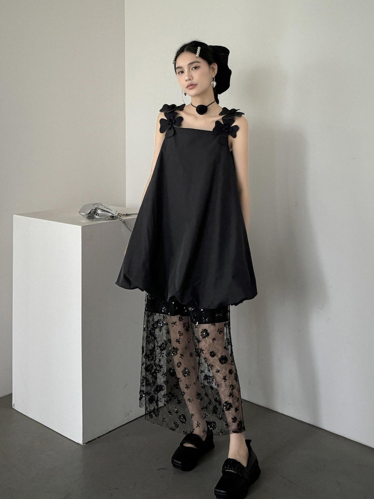 DDGIRL studio Washed Cotton Nylon Blend Strappy A Line Loose Waist Commuter Black Midi Dresses