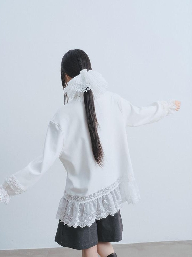 DDGIRL studio Layered Lace Oversized Puff Sleeve Womens Cotton White Long Sleeve T-Shirts