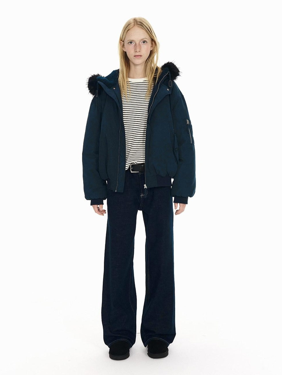 Country Moment Warm Hooded Retro Short Zip Ribbed Hem Unisex Navy Puffer Jackets