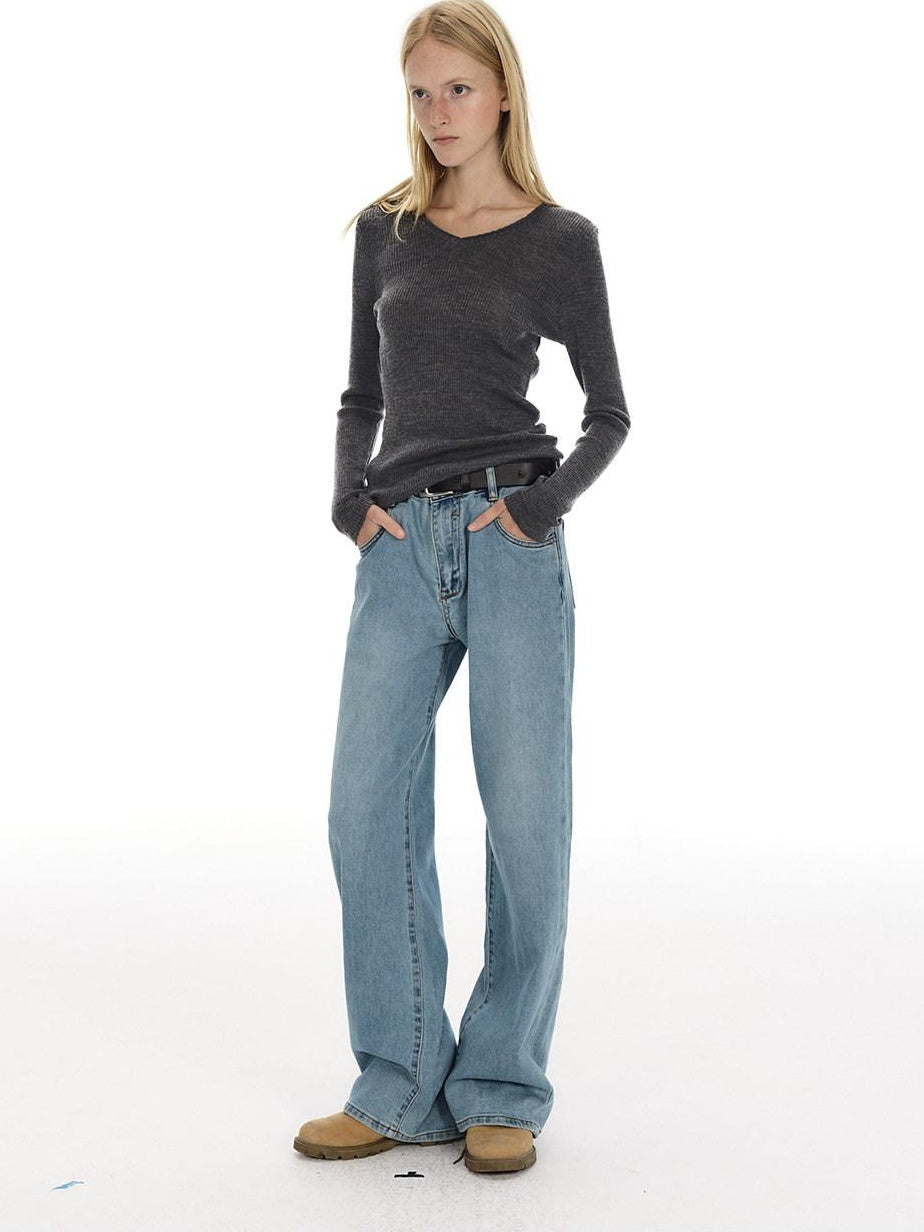 Country Moment Vintage Washed Low Rise Loose Fit Micro Stretch Casual Blue Straight Leg Jeans