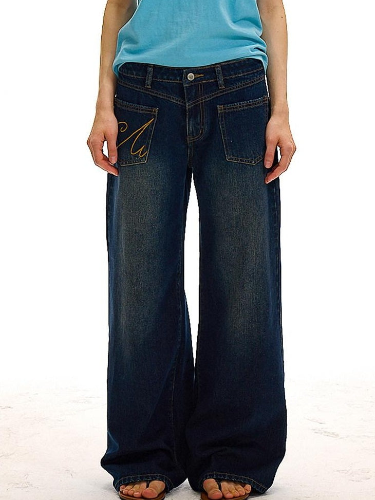 Country Moment High Waist Washed Denim Casual Loose Fit Zipper Fly Wide Leg Jeans