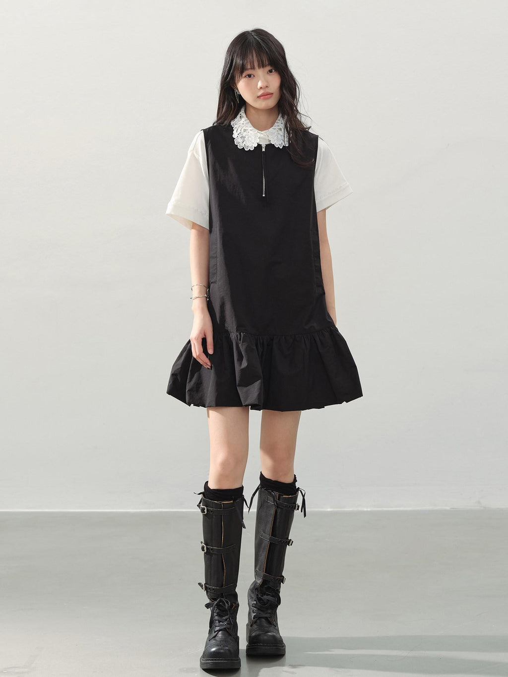 DDGIRL studio Soft Washed Cotton Nylon A Line Doll Collar Pockets Black Mini Dresses