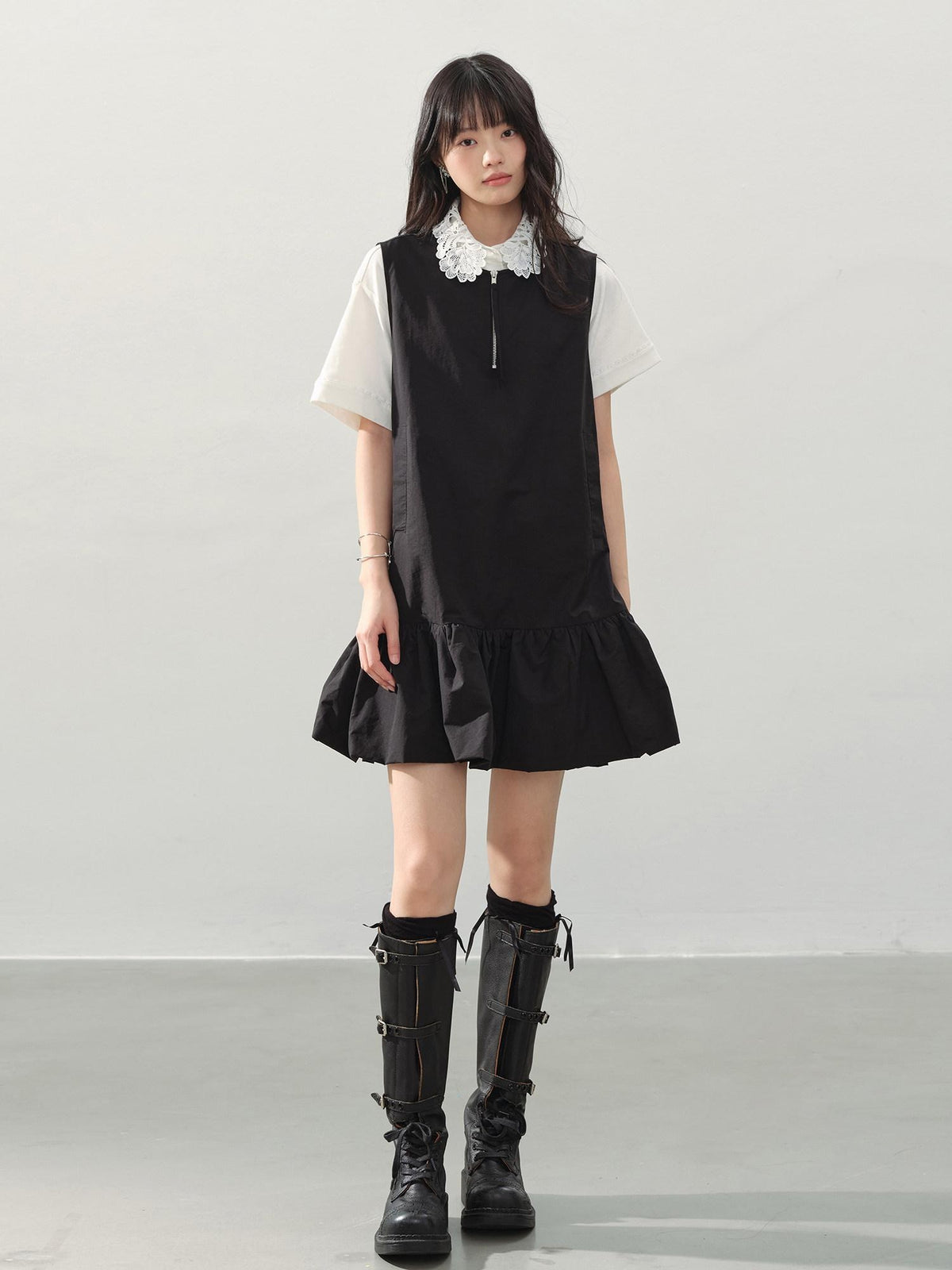 DDGIRL studio Soft Washed Cotton Nylon A Line Doll Collar Pockets Black Mini Dresses
