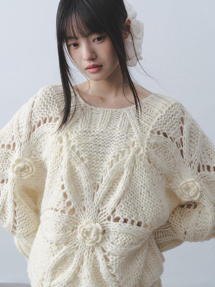 DDGIRL studio Soft Loose Crochet Openwork Lantern Sleeve Round Neck Women Knitwear Sweaters