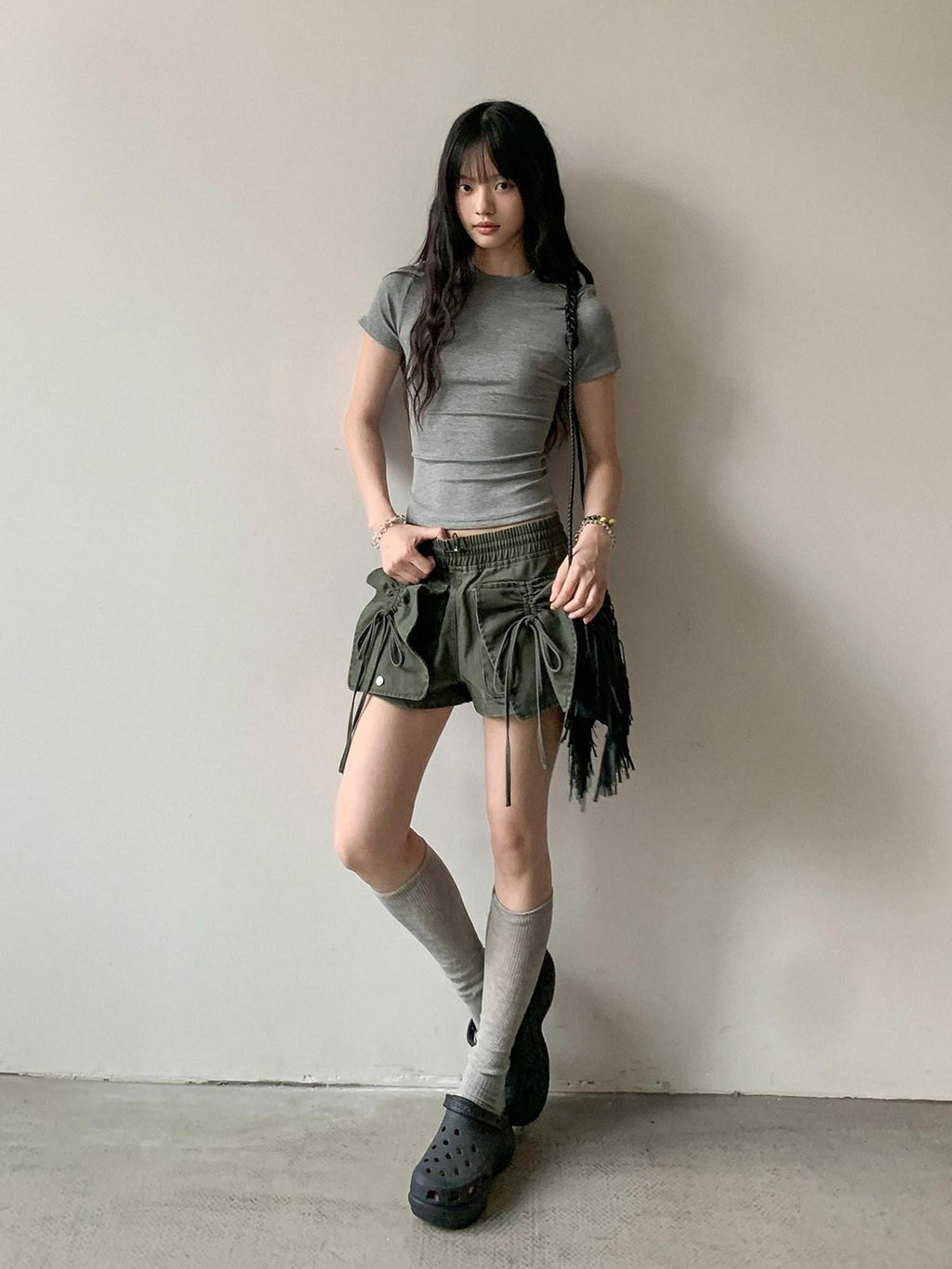 DDGIRL studio High Waist Faded 96 Percent Cotton Wide Leg Loose Fit Army Green Denim Shorts