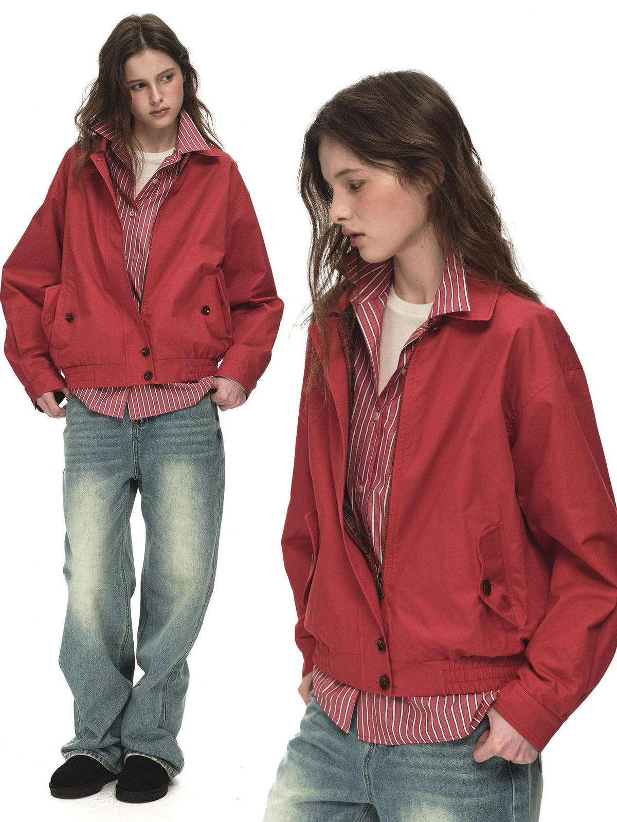 Country Moment Reversible Relaxed Unisex Cotton Plaid Zip Collar Ribbed Hem Cropped Jackets