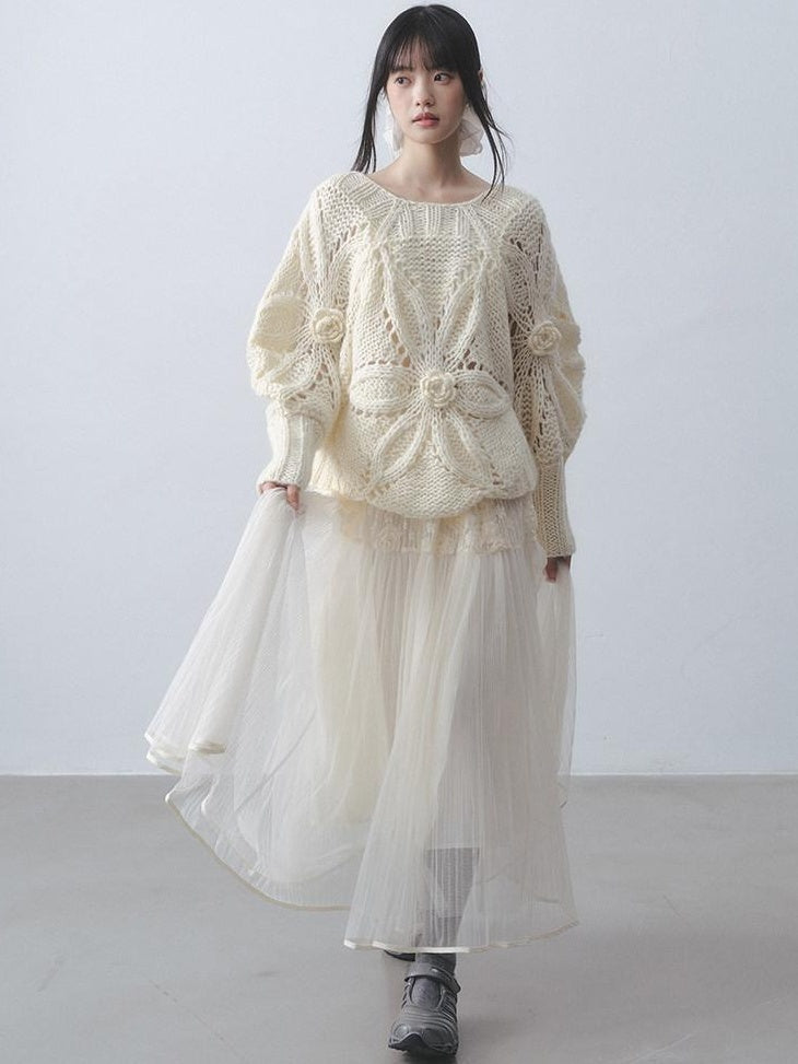 DDGIRL studio Soft Loose Crochet Openwork Lantern Sleeve Round Neck Women Knitwear Sweaters