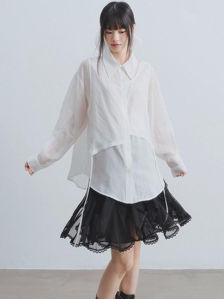 DDGIRL studio Breathable Viscose Blend Loose Fit Faux Two Piece Longsleeve Button Blouses