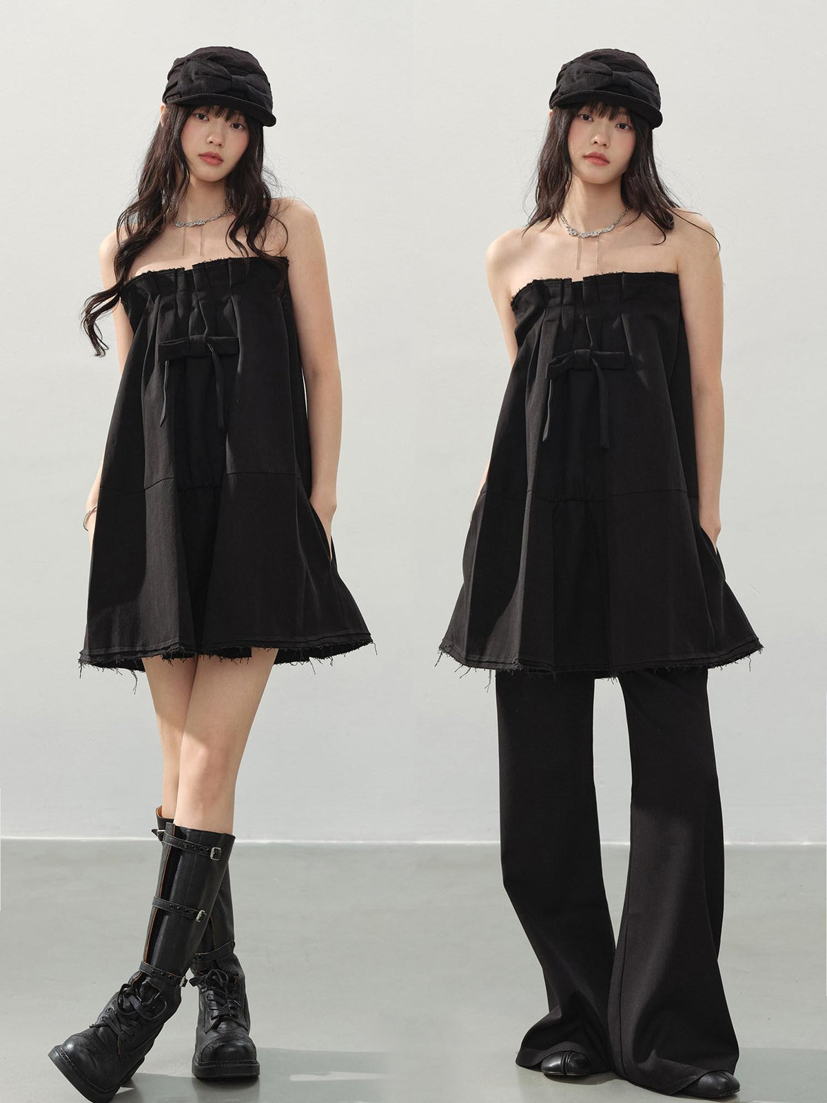 DDGIRL studio Soft Cotton Blend High Waist Bow A Line Strapless Workwear Women Mini Dresses