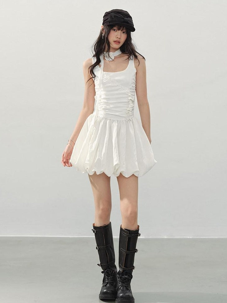DDGIRL studio Soft Stretch Cotton Sweet Ruffle A Line Sleeveless U Neck Mid Waist Mini Dresses