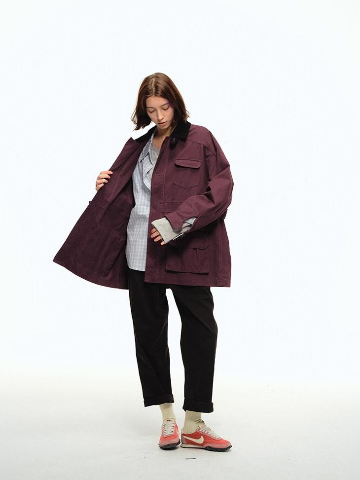 Country Moment Pure Cotton Relaxed Trendy Lapel Unisex Casual Solid Wine Red Short Coat