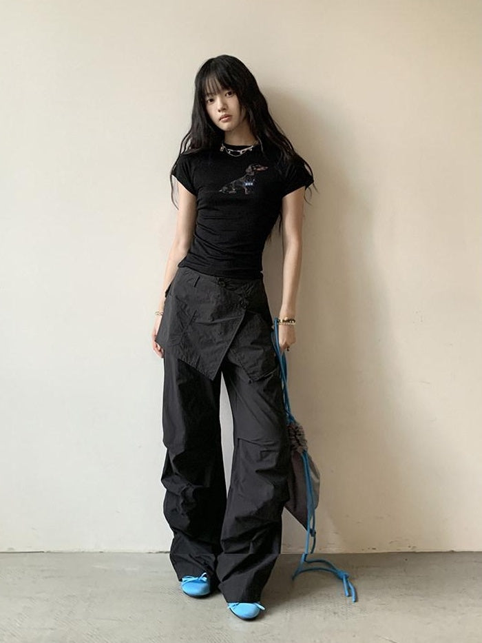 DDGIRL studio High Waist Cotton Cargo Pockets Loose Commuter Women Black Straight Pants