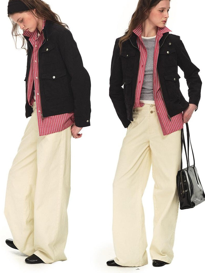 Country Moment 100% Cotton Distressed Multi Pocket Unisex Black Zip Front Cropped Jackets