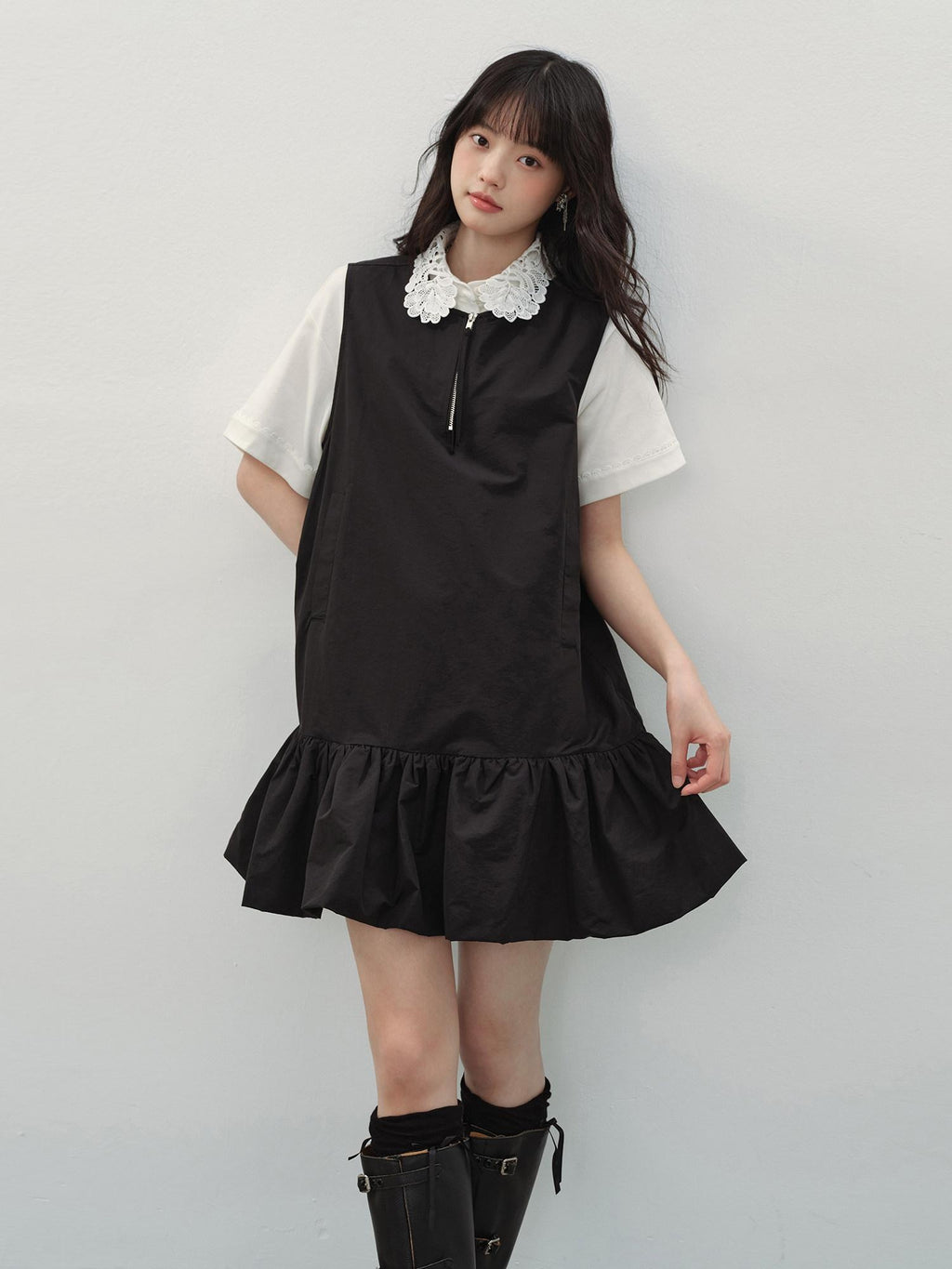 DDGIRL studio Washed Zip Polo Loose Fit Casual Long Staple Cotton Short Sleeve T-Shirts