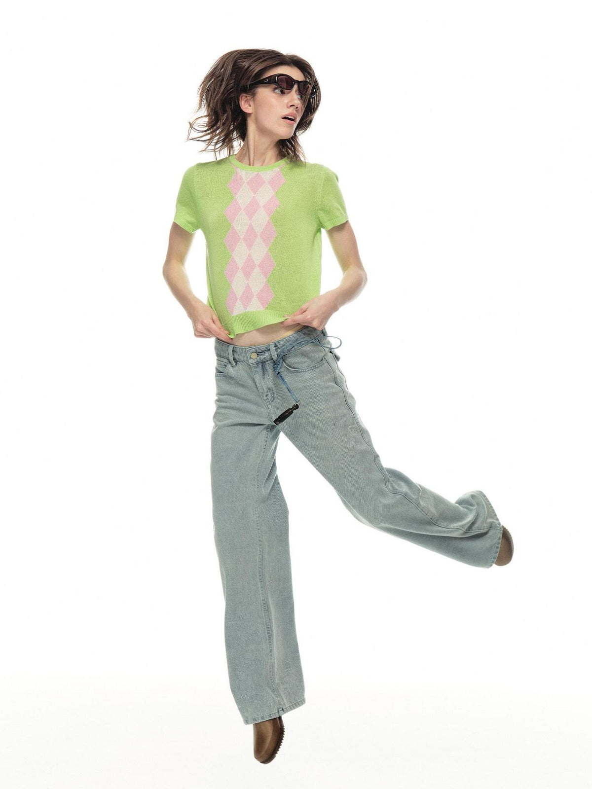 Country Moment Soft Breathable Diamond Jacquard Loose Women Short Sleeve Knit Sweaters
