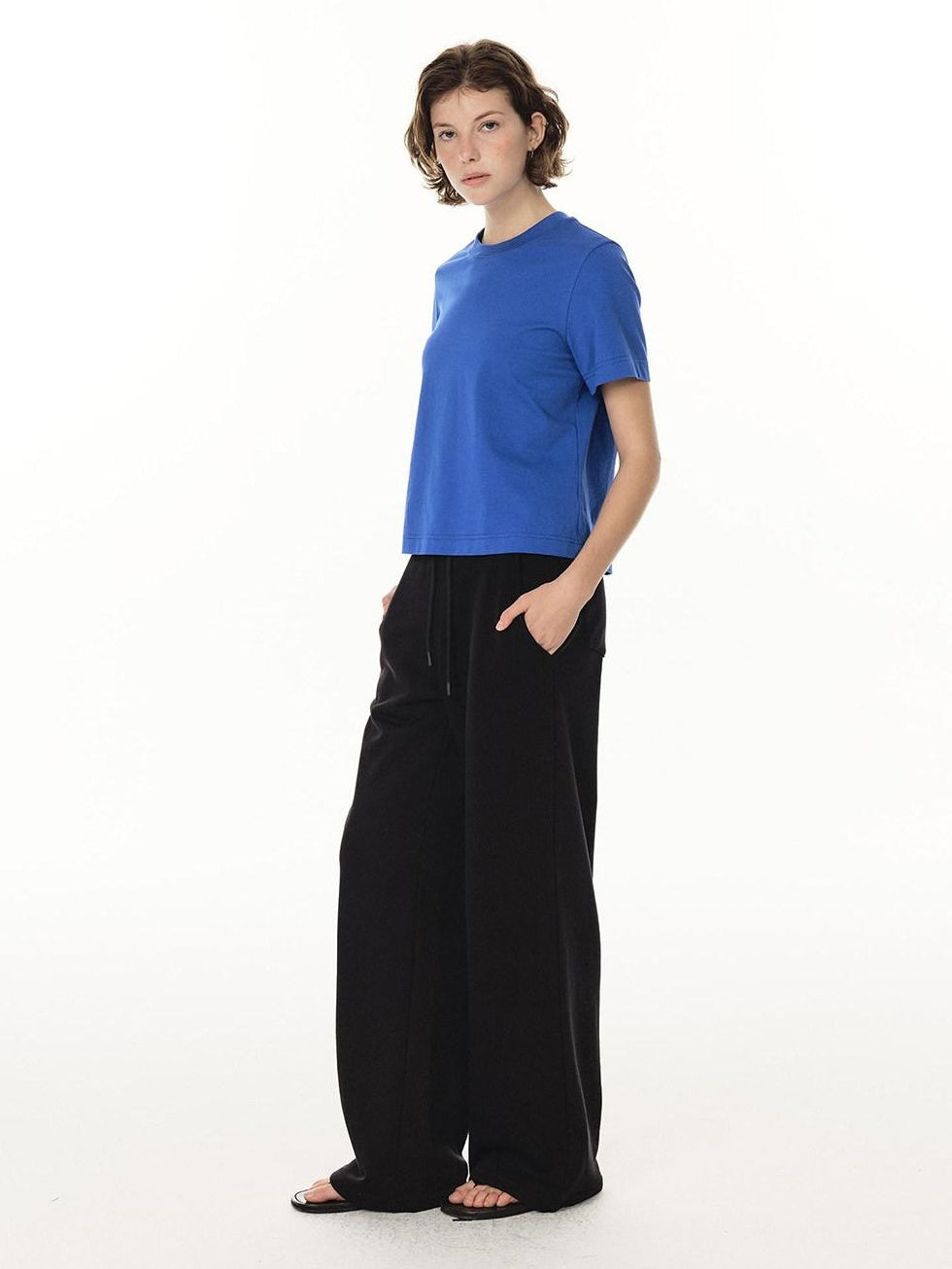 Country Moment Durable Cotton Mid Rise Straight Elastic Youth Casual Black Gray Wide Leg Pants