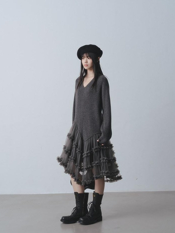 DDGIRL studio Warm 100 Percent Wool High Waist Mesh Splice A Line Sweater Midi Dresses