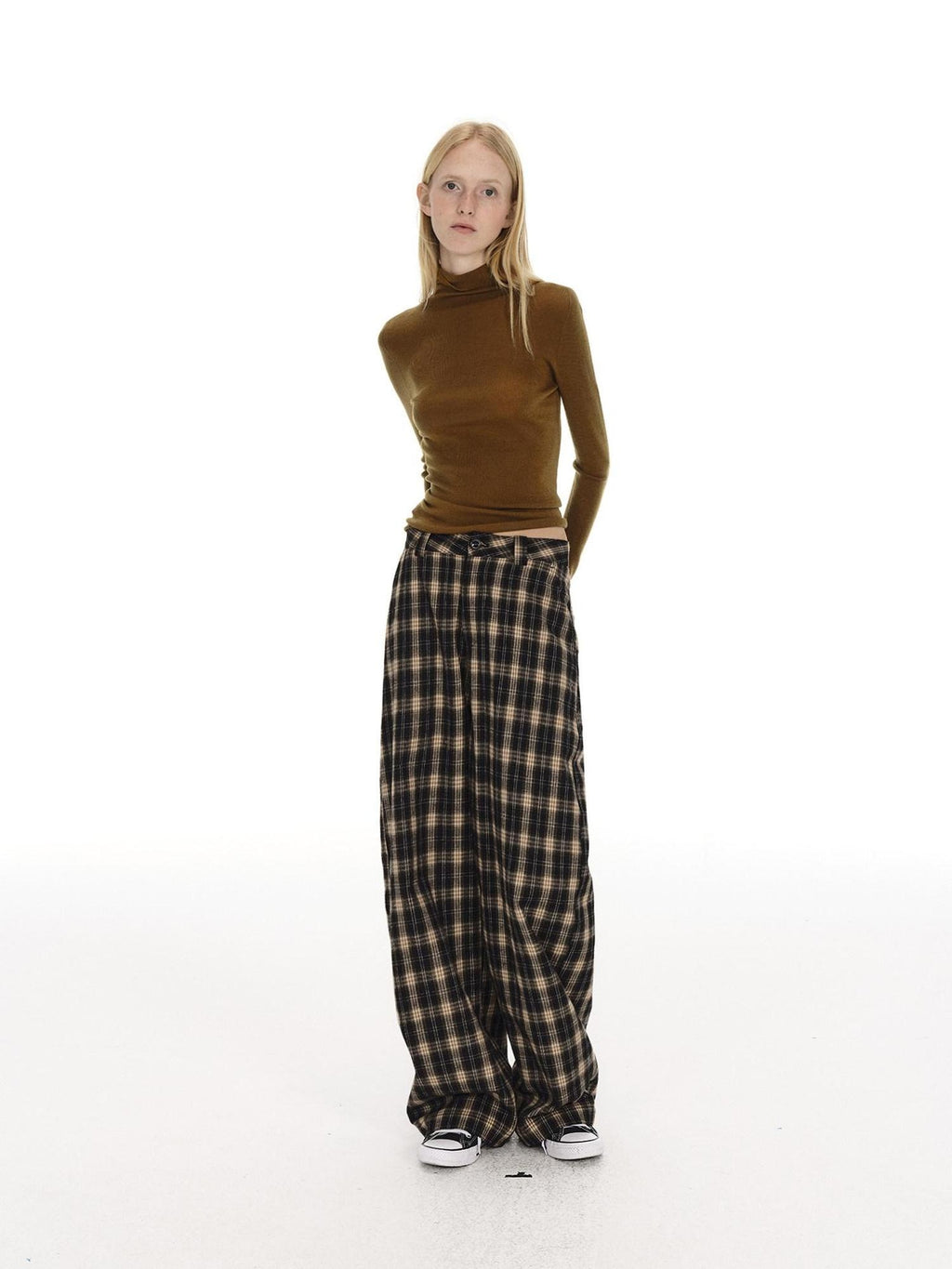 Country Moment 100% Cotton Vintage Wide Leg Black Brown Plaid Natural Waist Straight Pants