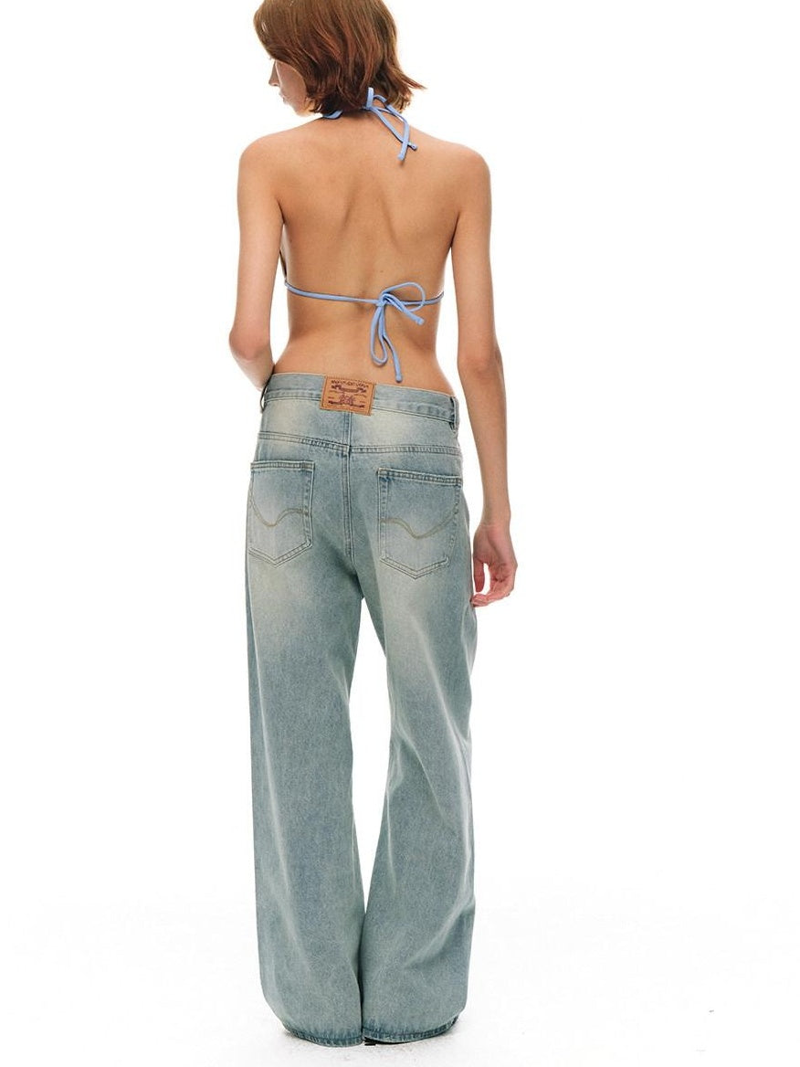 Country Moment Washed Distressed Embroidered Mid Rise Loose Retro Light Blue Wide Leg Jeans