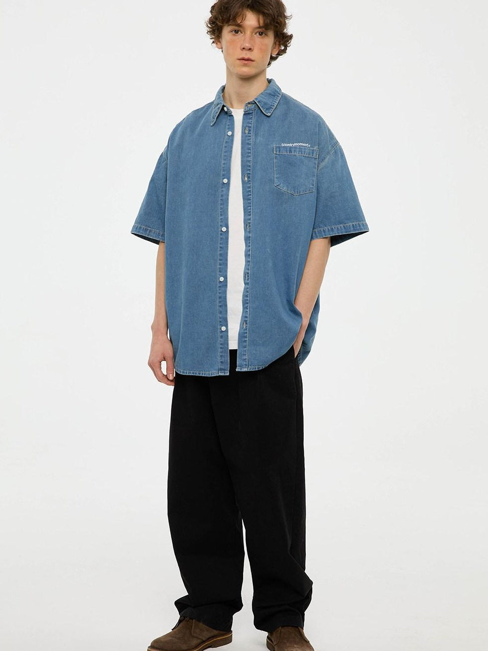 Country Moment 100% Cotton Square Neck Loose Short Sleeve Japanese Vintage Teen Blue Shirts