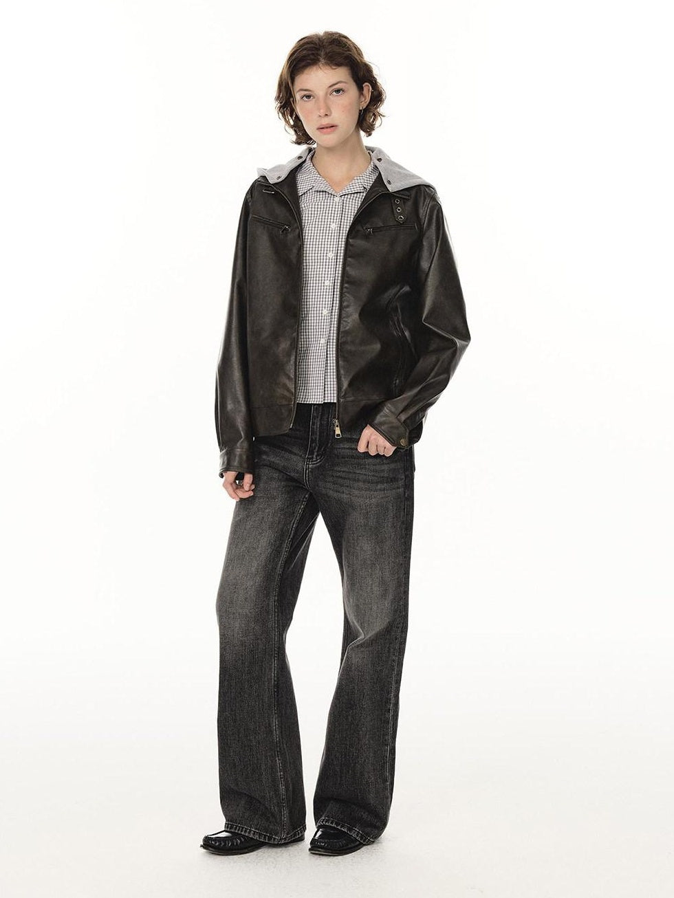 Country Moment Warm Pu Leather Detachable Hood Loose Fit Casual Unisex Leather Jackets
