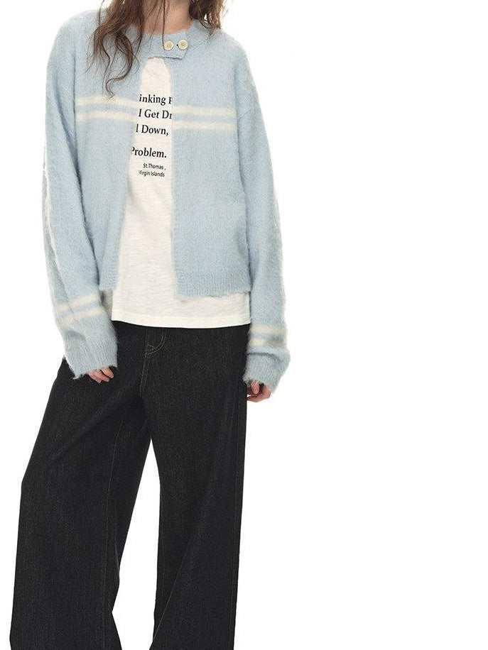 Country Moment Soft Wool Blend Light Blue Striped Relaxed Collar Women Breathable Cardigans