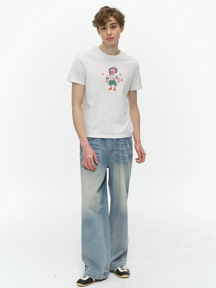 Country Moment Durable Vintage Icy Blue Gradient Mid Rise Whisker Loose Denim Wide Leg Jeans