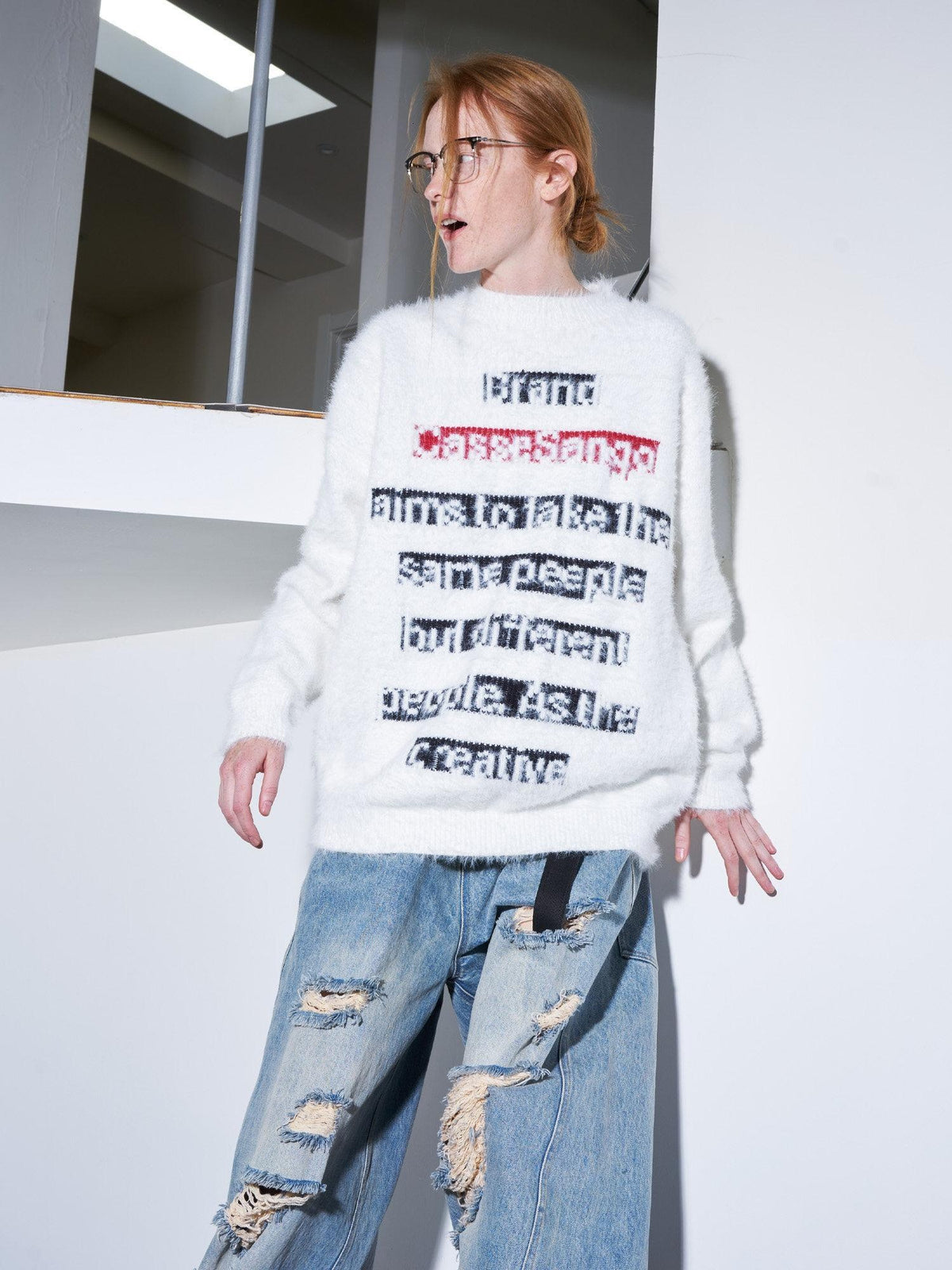 CasseSango Jacquard Letter Crewneck Pullover Trendy Youth Casual White Knit Sweaters