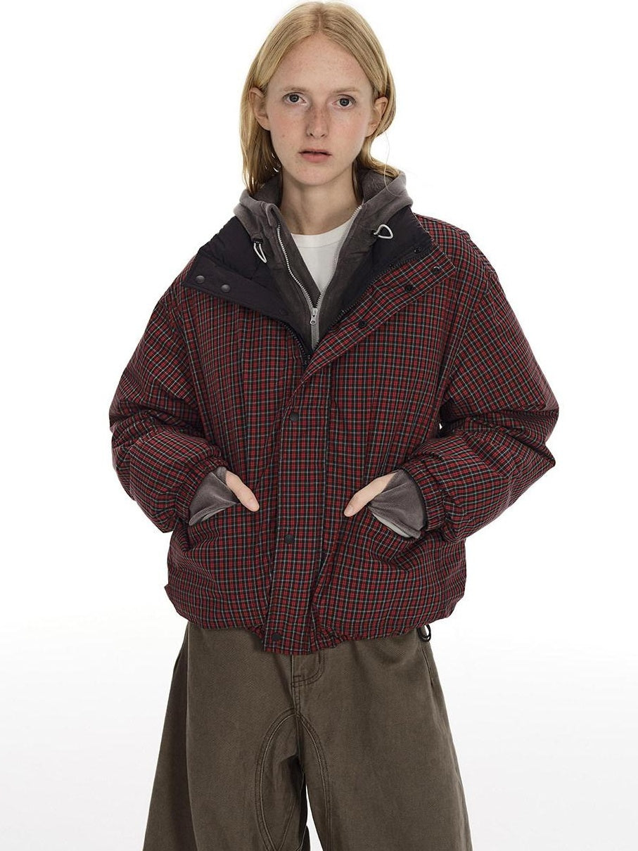 Country Moment High Fill White Duck Reversible Plaid Loose Fit Unisex Cotton Zip Down Jackets
