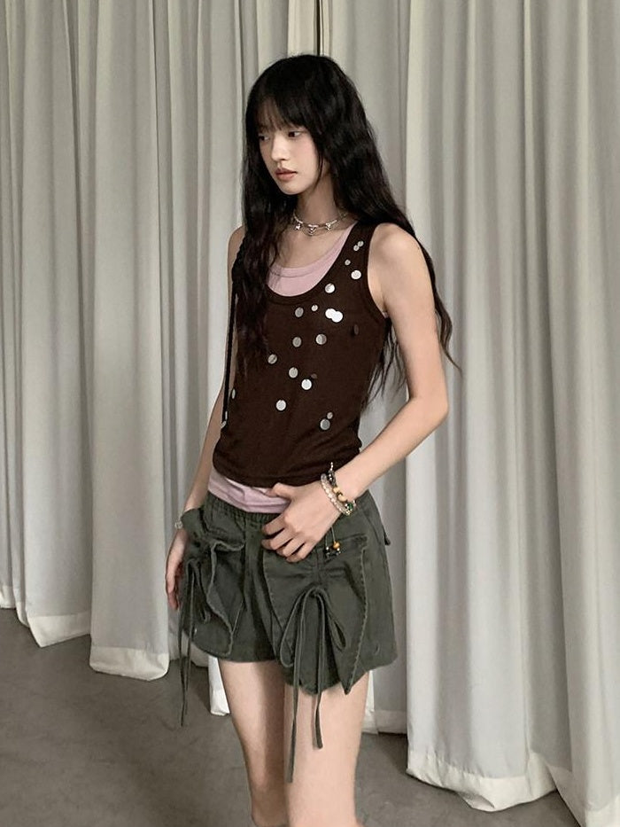 DDGIRL studio Stretch Cotton Knit Slim Camisole U Neck Sequin Women Office Top & Pants Sets