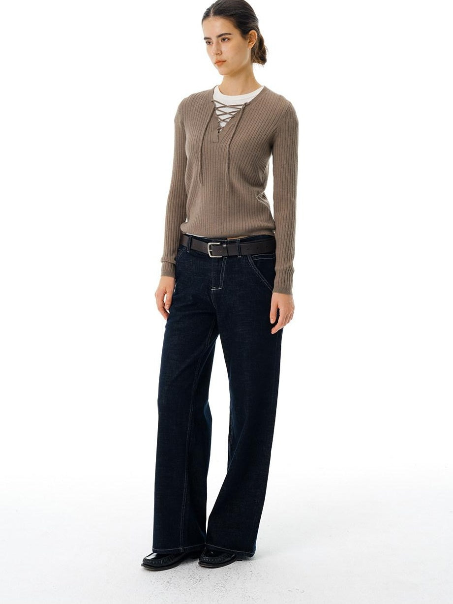 Country Moment Soft Tie V-neck Slim Knit Casual Breathable Daily Wear Women Acrylic Sweaters