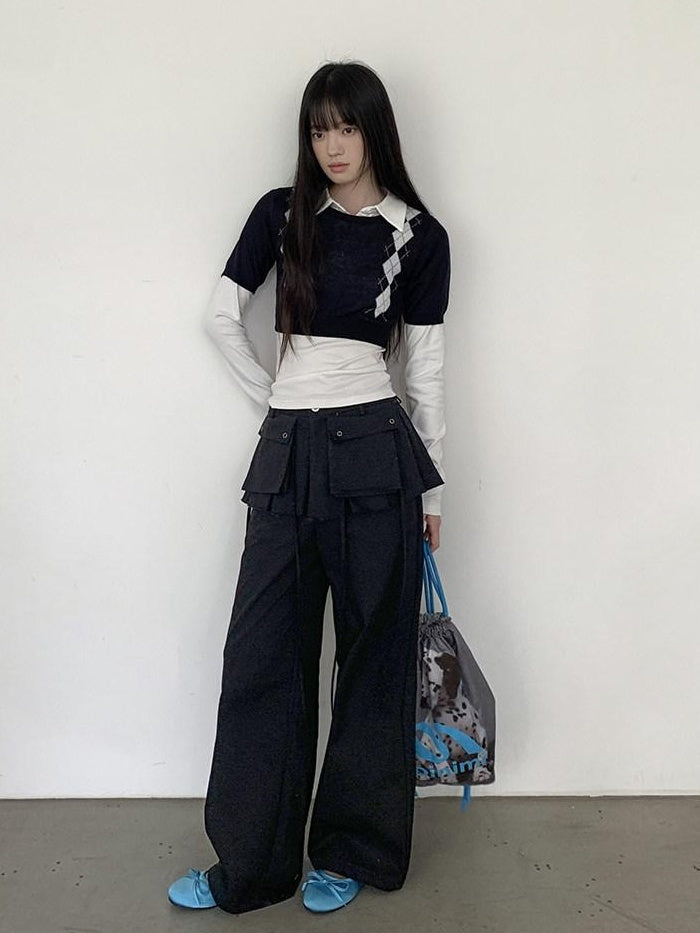 DDGIRL studio High Waist Zip Fly Pockets Relaxed Straight Leg Black Cotton Nylon Cargo Pants