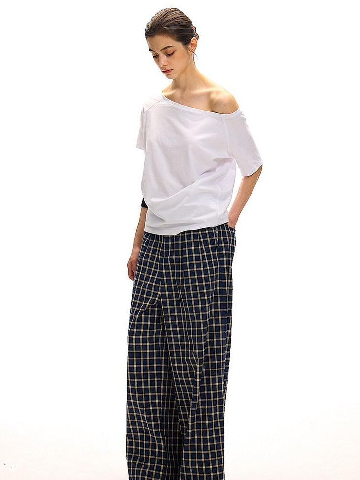 Country Moment Versatile Minimal Indigo Check Cotton Natural Waist Straight Wide Leg Pants