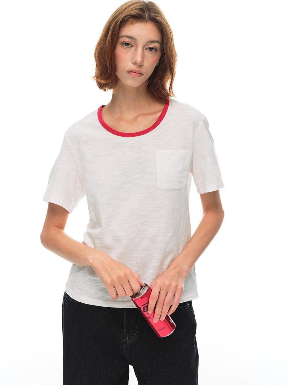 Country Moment Cotton Slub Loose Contrast Ribbed Women Citywalk Pullover Short Sleeve T-Shirts