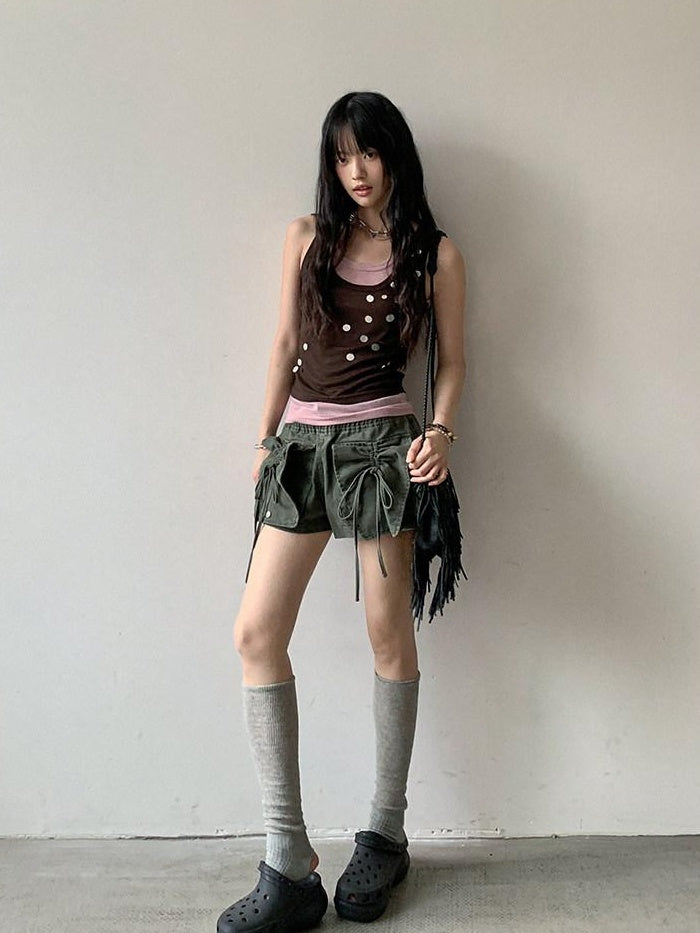 DDGIRL studio High Waist Faded 96 Percent Cotton Wide Leg Loose Fit Army Green Denim Shorts