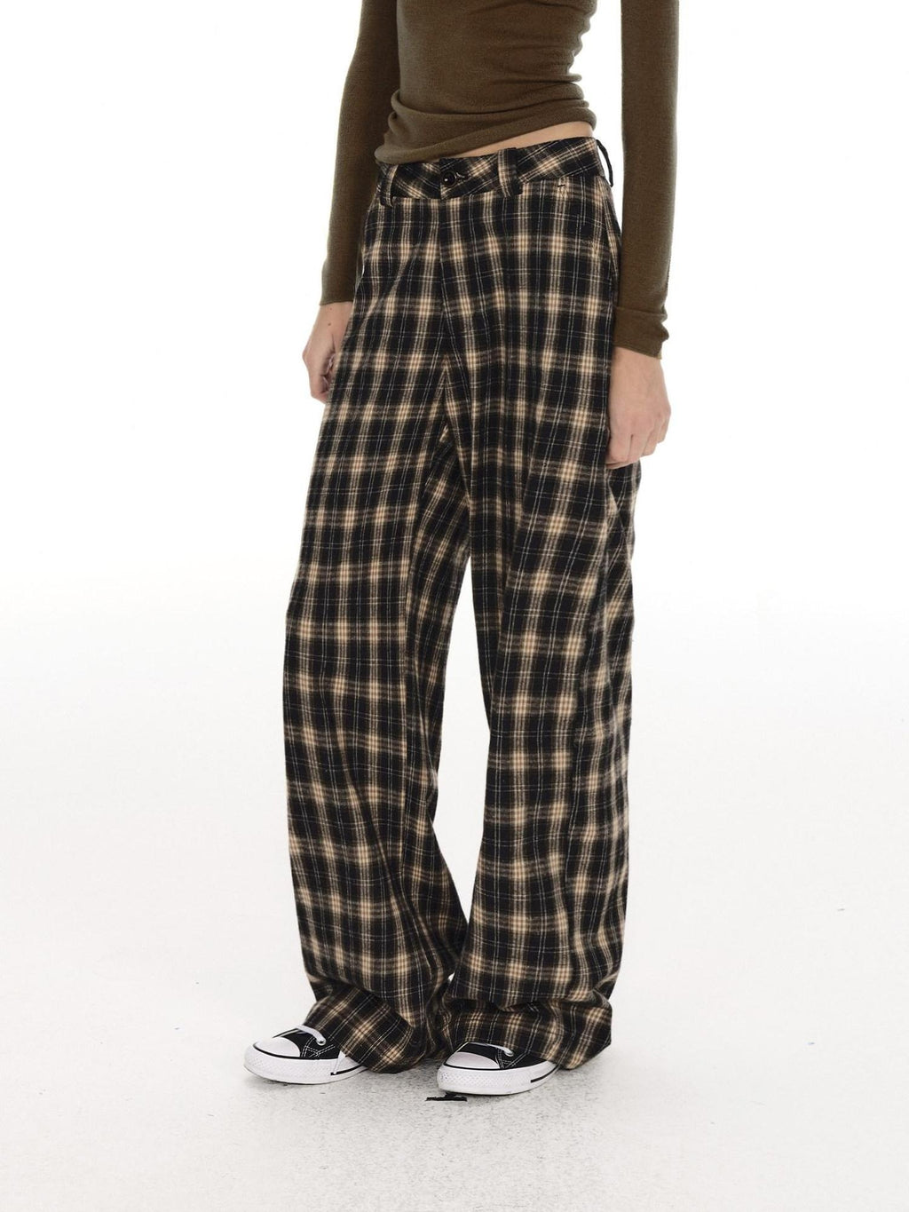 Country Moment 100% Cotton Vintage Wide Leg Black Brown Plaid Natural Waist Straight Pants